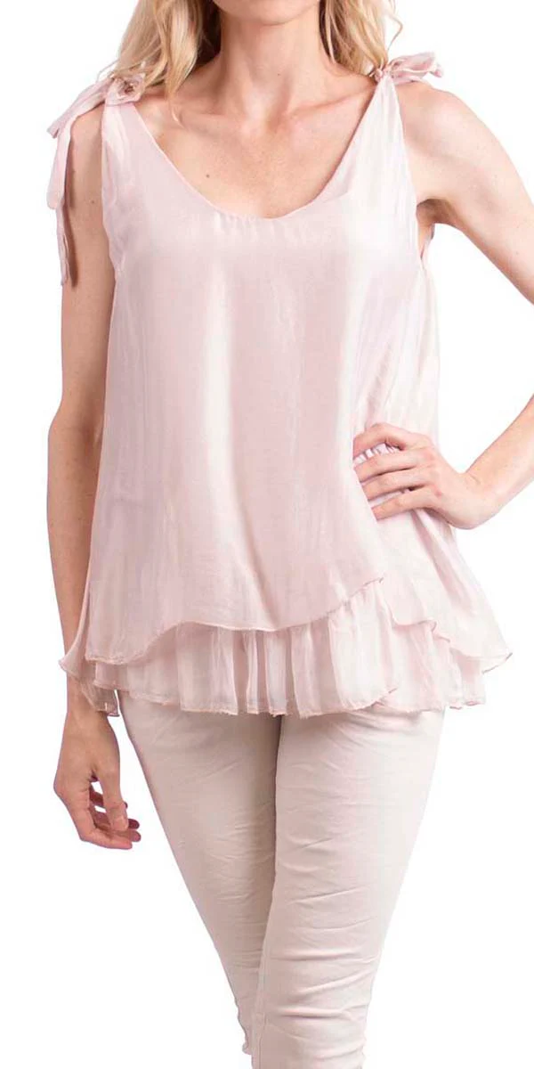 Double U-Neck Silk Tank with Shoulder Tie