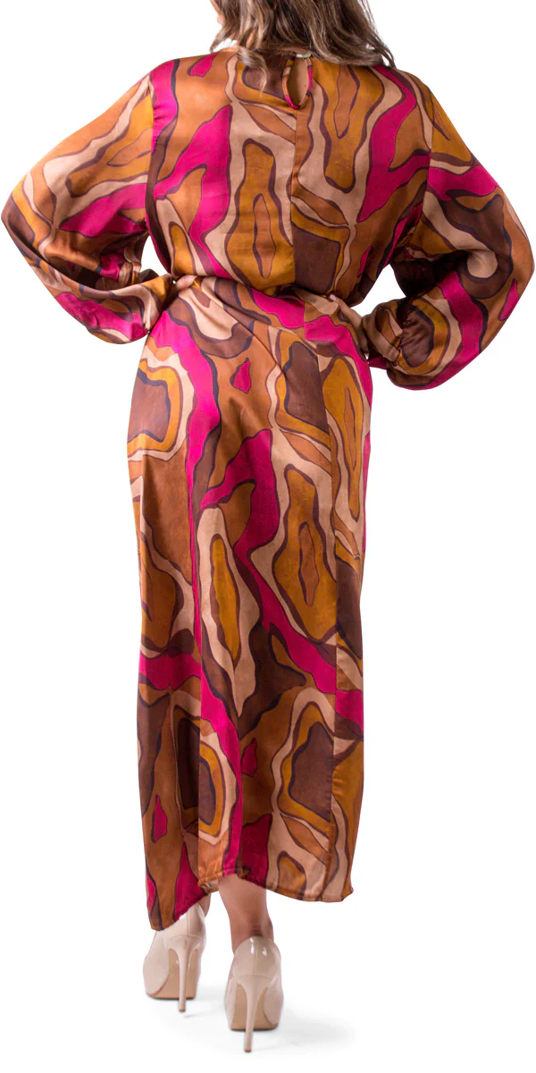 Abstract Wave Print Boat Neck Keyhole Back Satin Maxi Dress