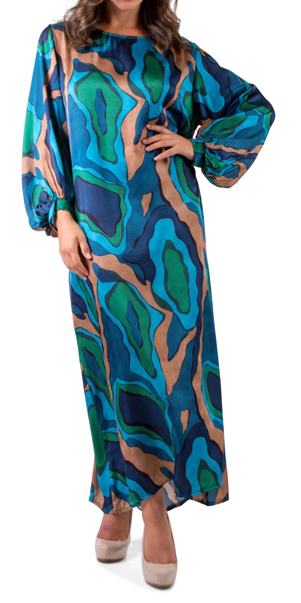Abstract Wave Print Boat Neck Keyhole Back Satin Maxi Dress
