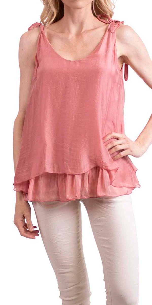 Double U-Neck Silk Tank with Shoulder Tie