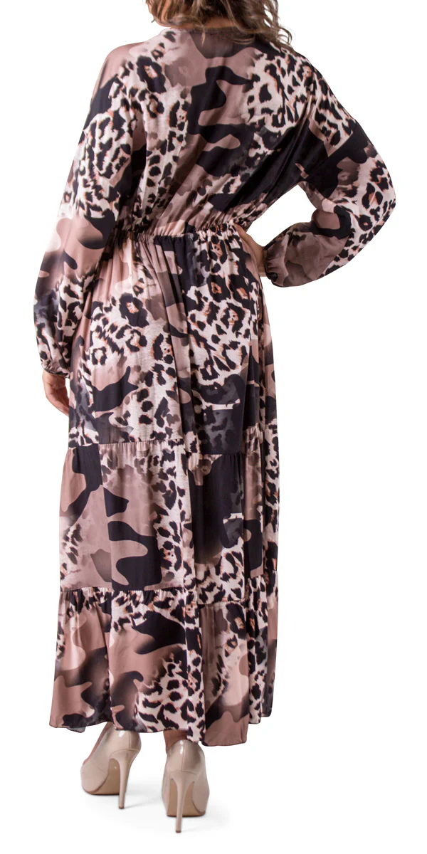 Maxi Ruffled Dress with Waist Tie and Camo Leopard Print