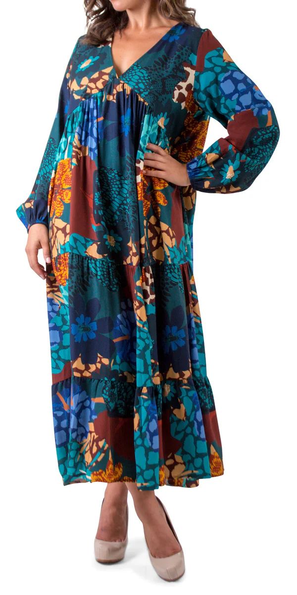 V-Neck Flowers Patch Maxi Tiered Dress