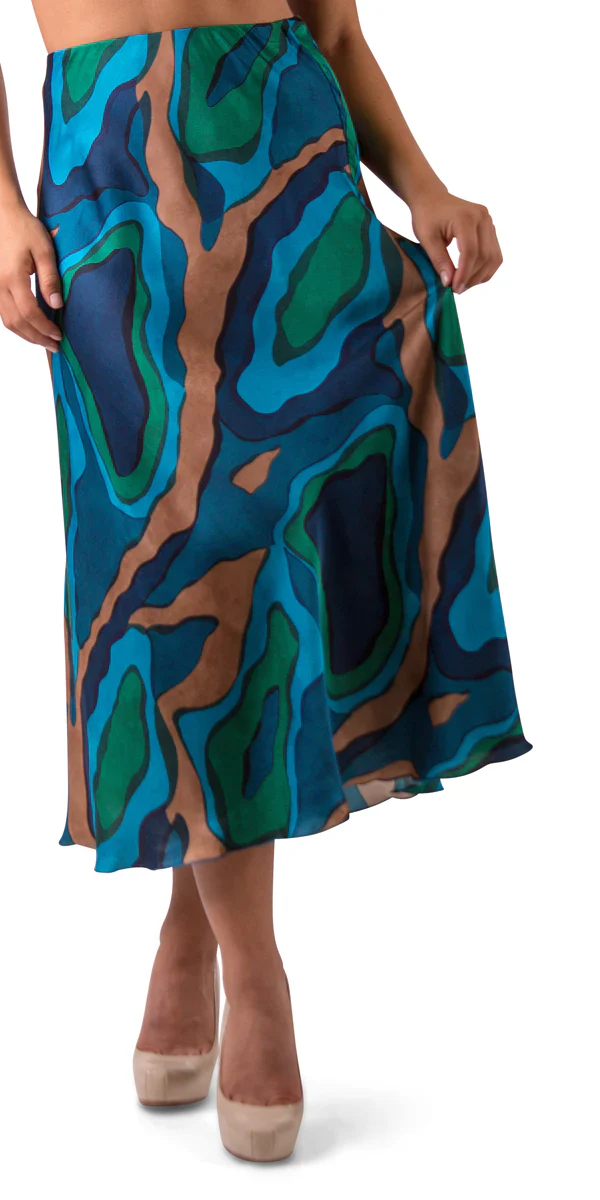 Abstract Wave Mid-Length Satin Skirt