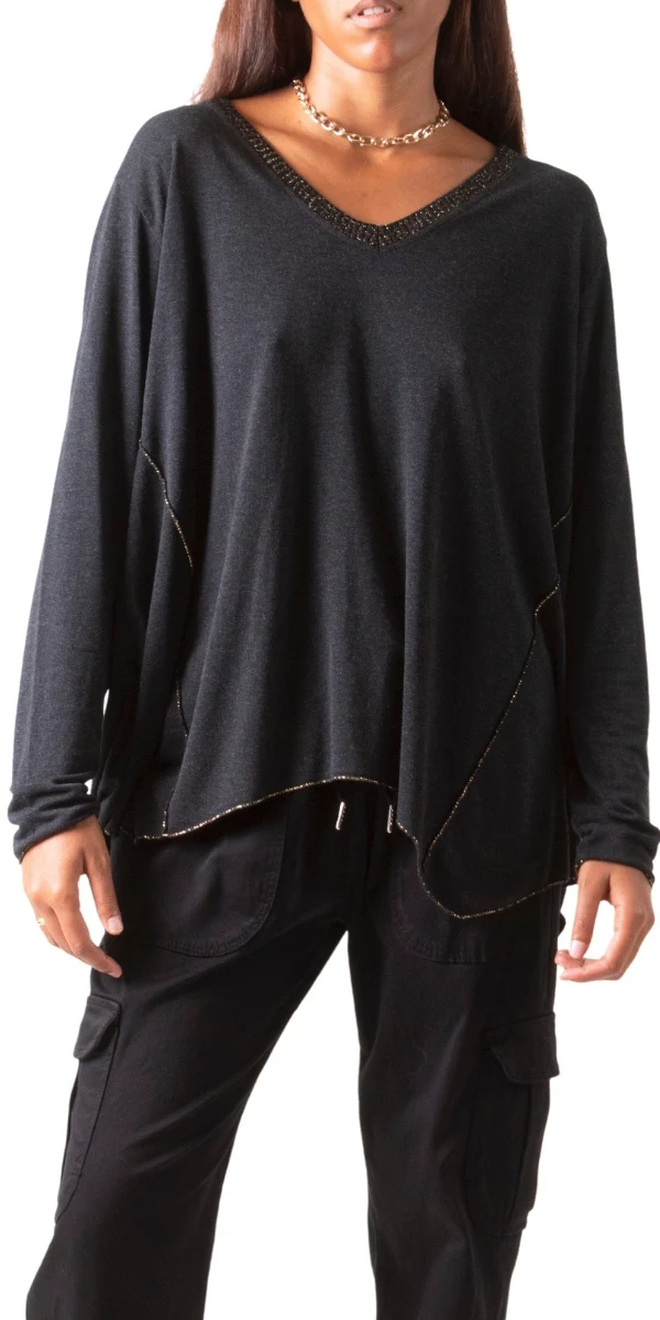 V-Neck Sweater with Metallic Detail