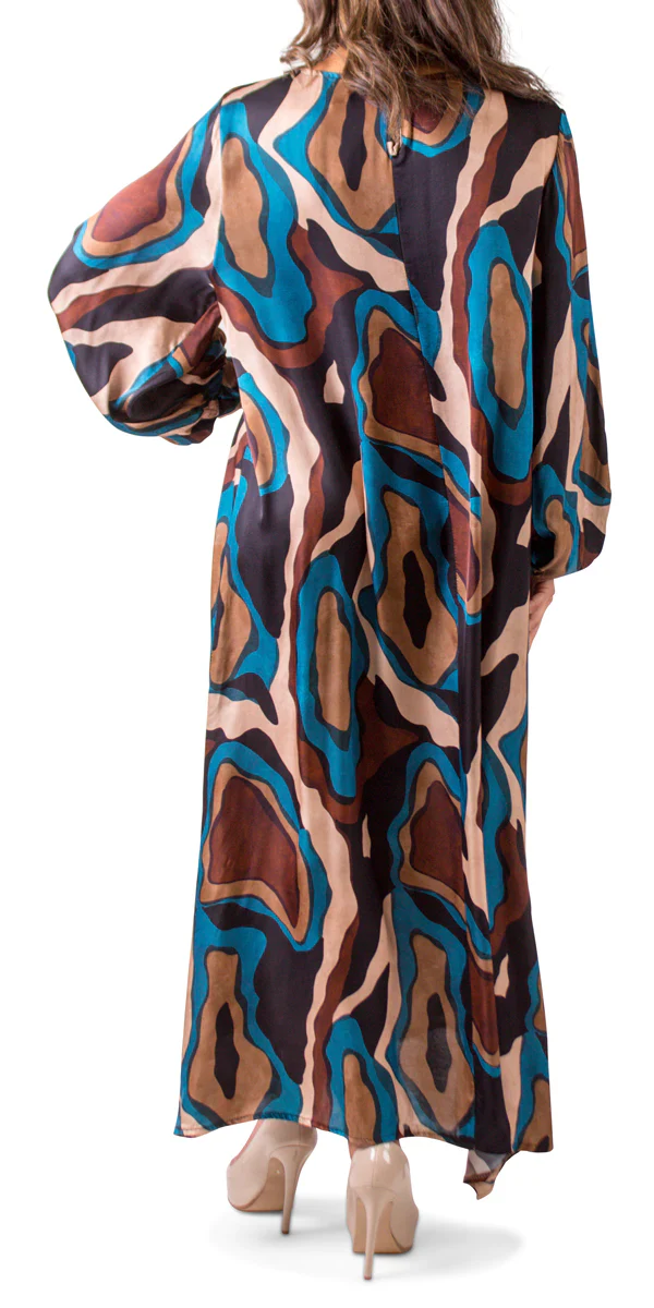 Abstract Wave Print Boat Neck Keyhole Back Satin Maxi Dress