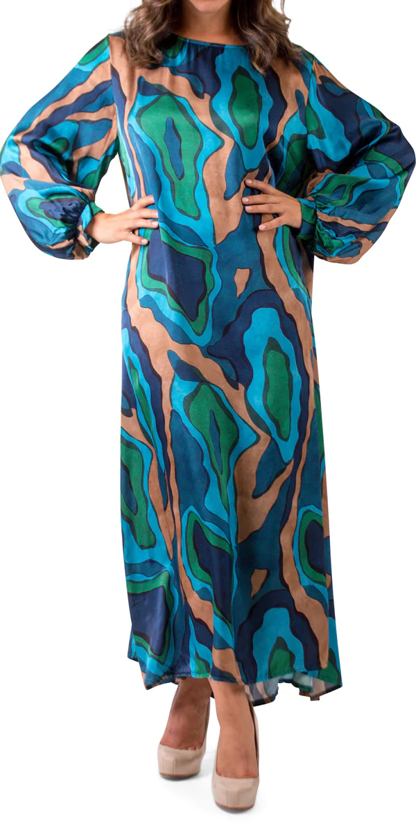 Abstract Wave Print Boat Neck Keyhole Back Satin Maxi Dress