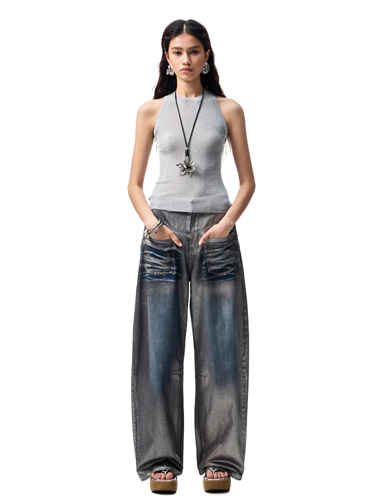 Silver-Foil Embroidered Straight-Leg Denim Curved Pants