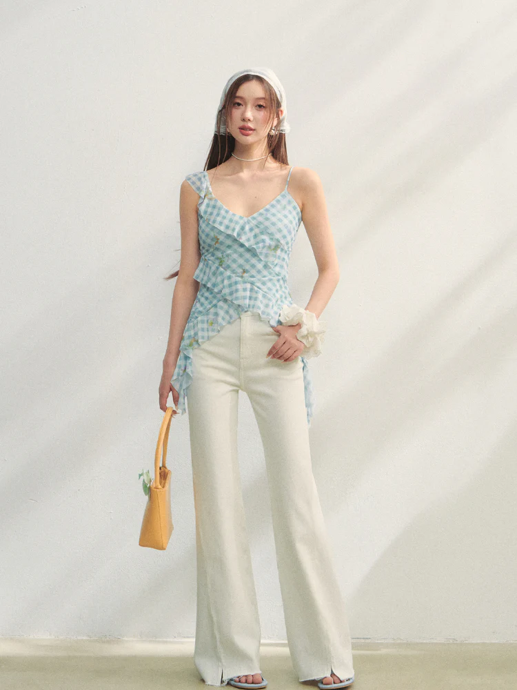 Blue Checkered Ruffled Print Slip Top