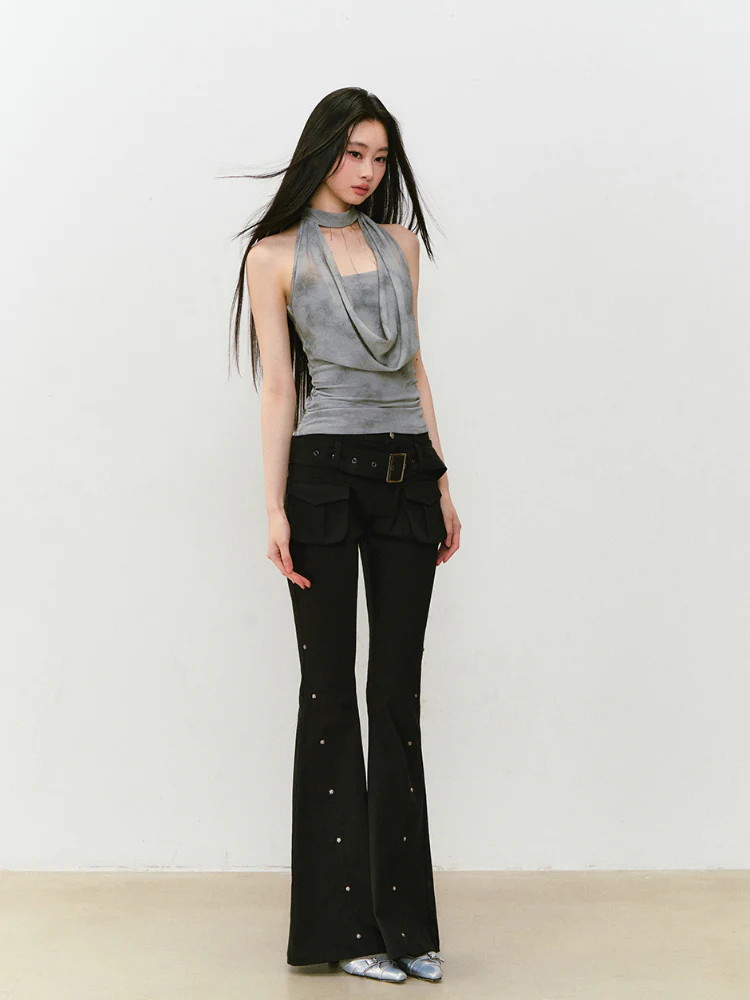 Rose Rivet Flared Cargo Pants