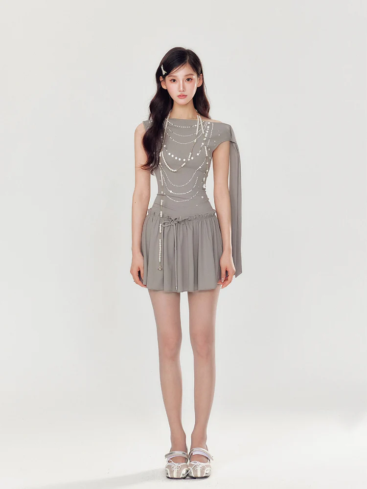 Off-Shoulder Pearl and Rhinestone Puff Dress