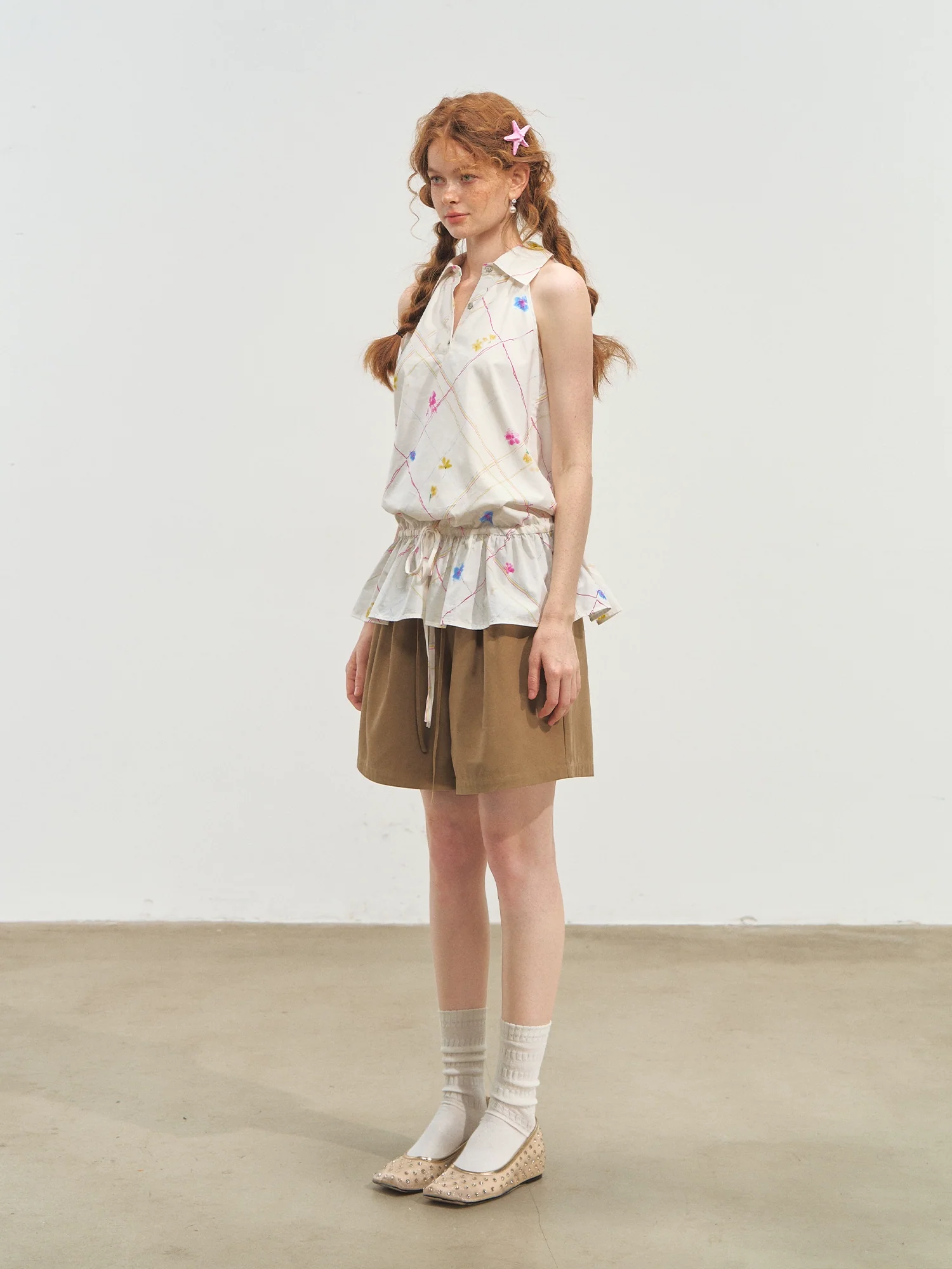 French-Style Printed Sleeveless Halter Tie-Up Top