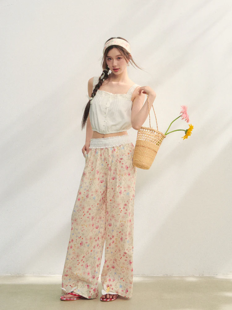Lace-Trimmed Waist-Tie Wide-Leg Pants