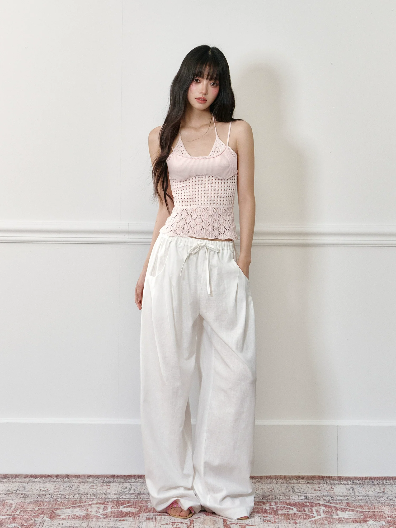 Linen Elastic Drawstring Wide-Leg Pants