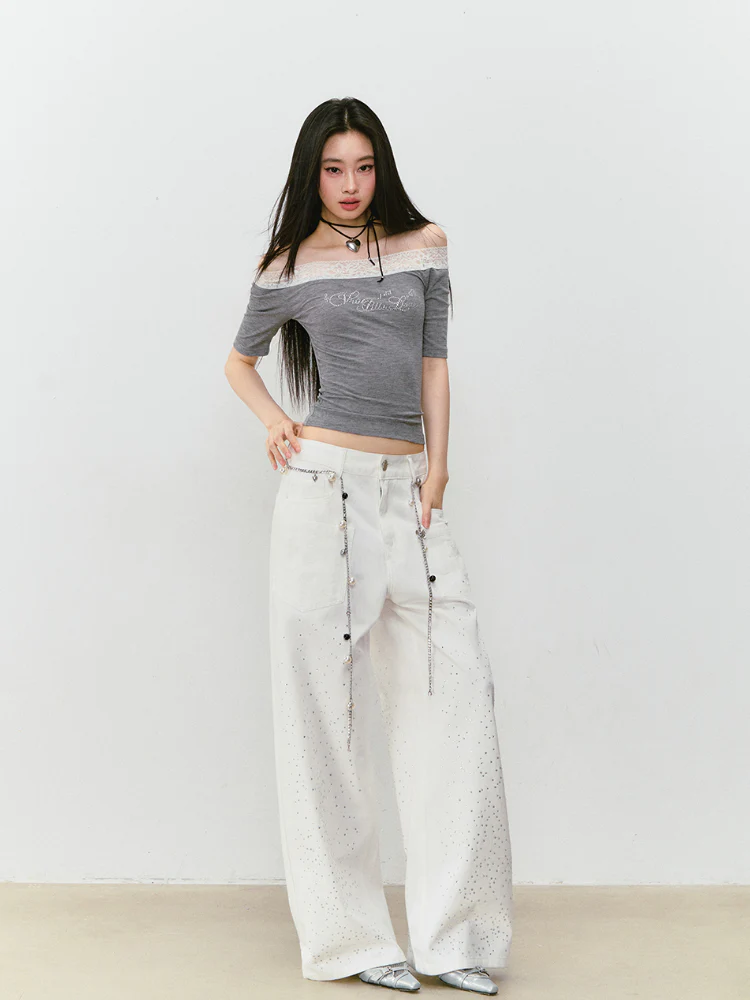 3D Rhinestone Wide - leg Denim Pants