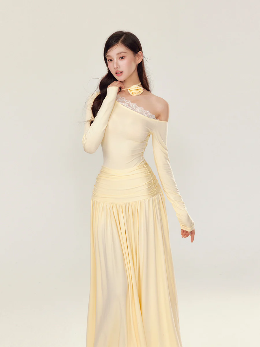 Off-Shoulder Asymmetrical Waist Pleated Dress