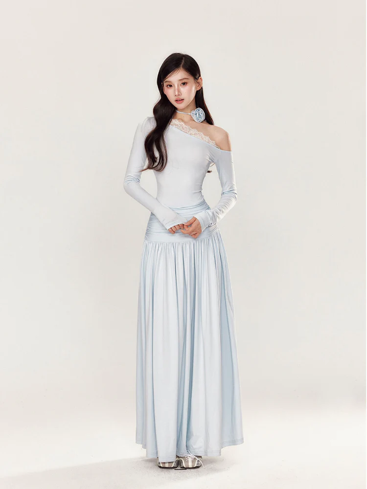 Off-Shoulder Asymmetrical Waist Pleated Dress