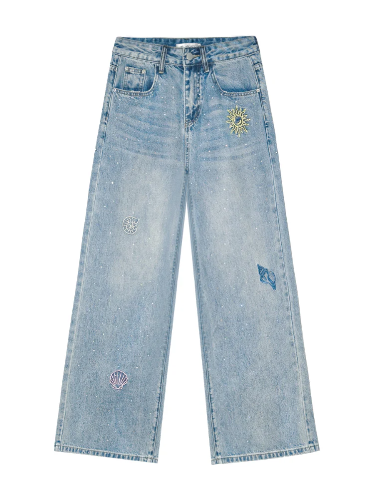Embroidered Denim Wide-Leg Pants