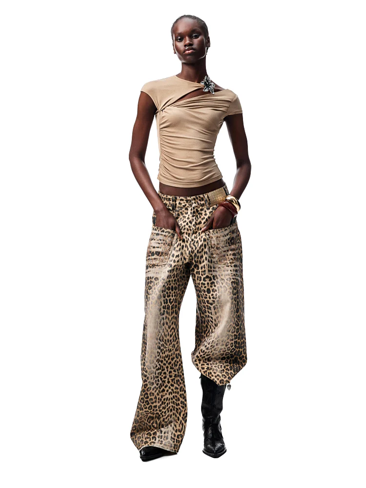 Washed Leopard Print Canvas Curved Pants