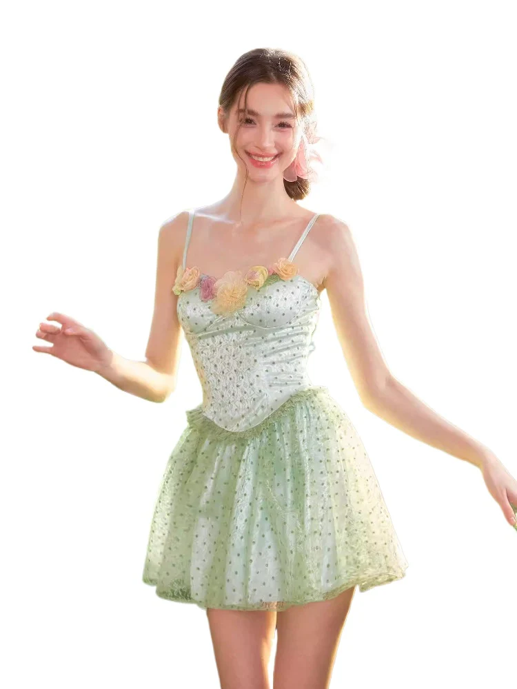 Polka Dot 3D Floral Mesh Strap Dress