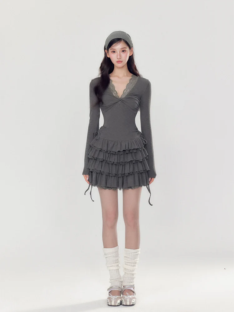 V-neck Long Sleeve Cake Dress