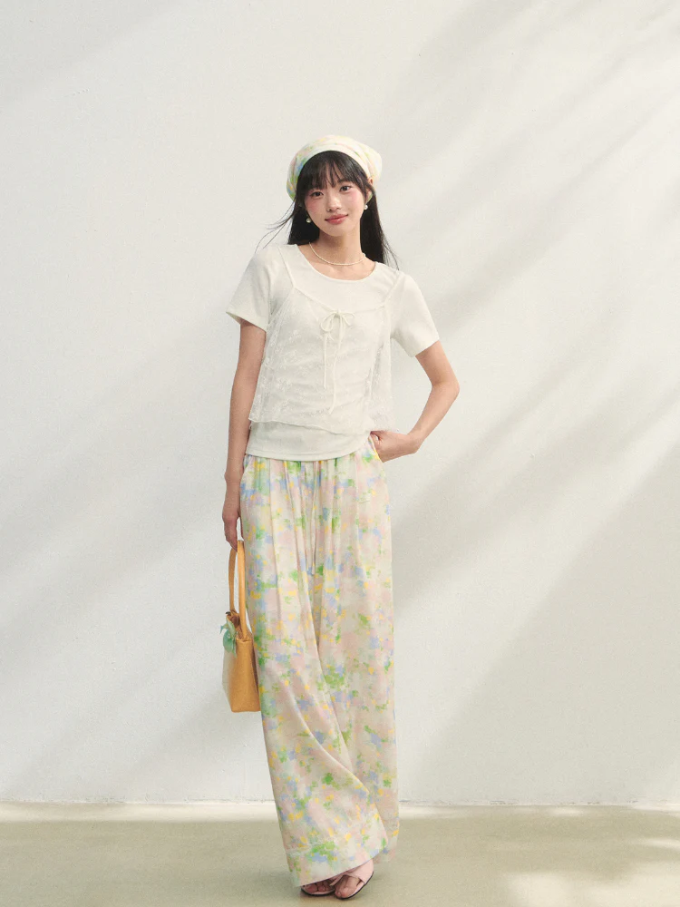 Lace-Trimmed Waist-Tie Wide-Leg Pants