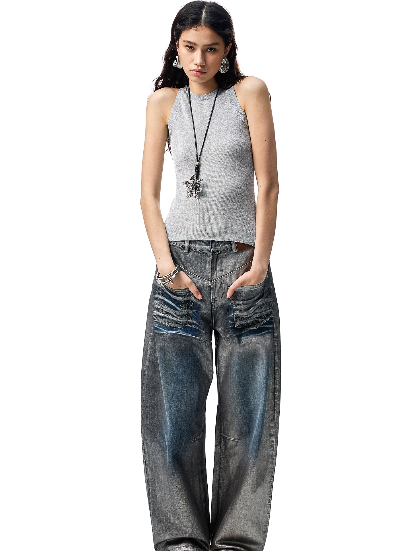 Silver-Foil Embroidered Straight-Leg Denim Curved Pants