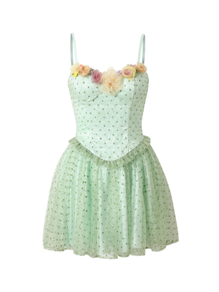 Polka Dot 3D Floral Mesh Strap Dress