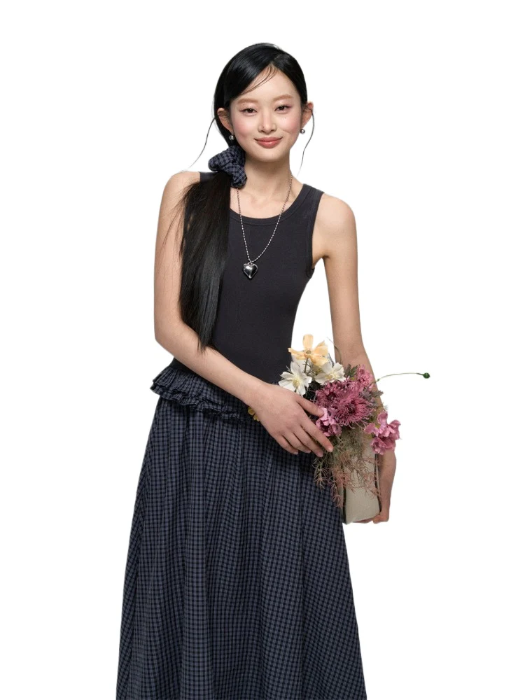 Ruffled Sleeveless Gingham Patchwork Dress