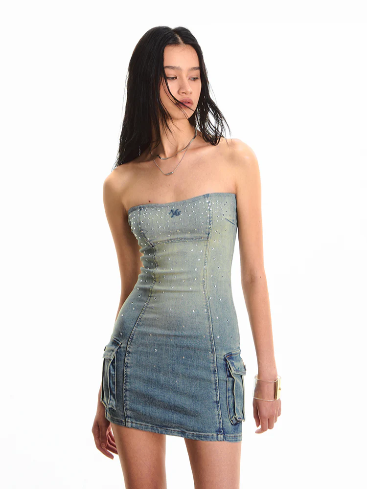 Jeans Waist-Cinching Rhinestone Strapless Dress