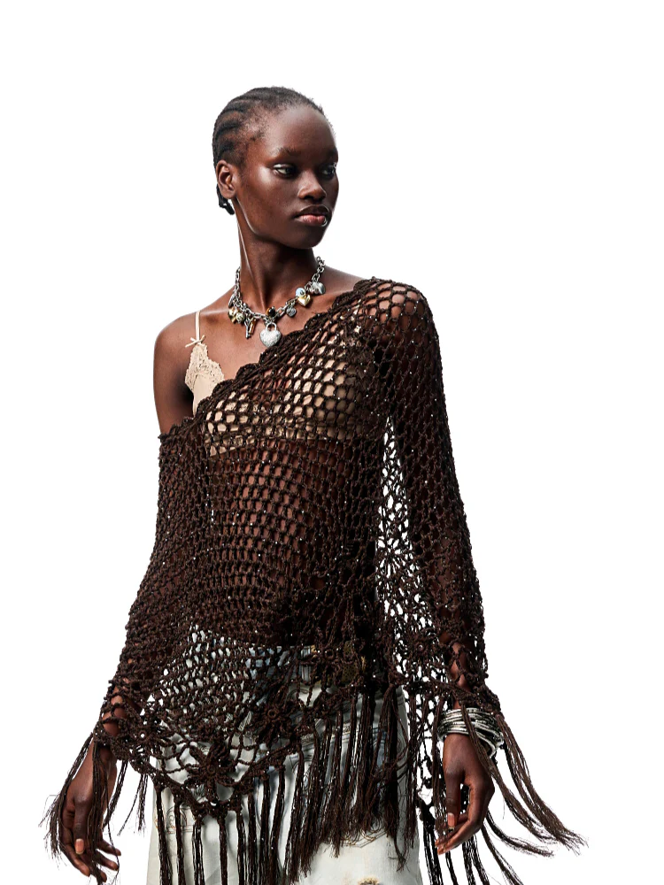 Hollow Out One-Piece Fringed Knit Shrug