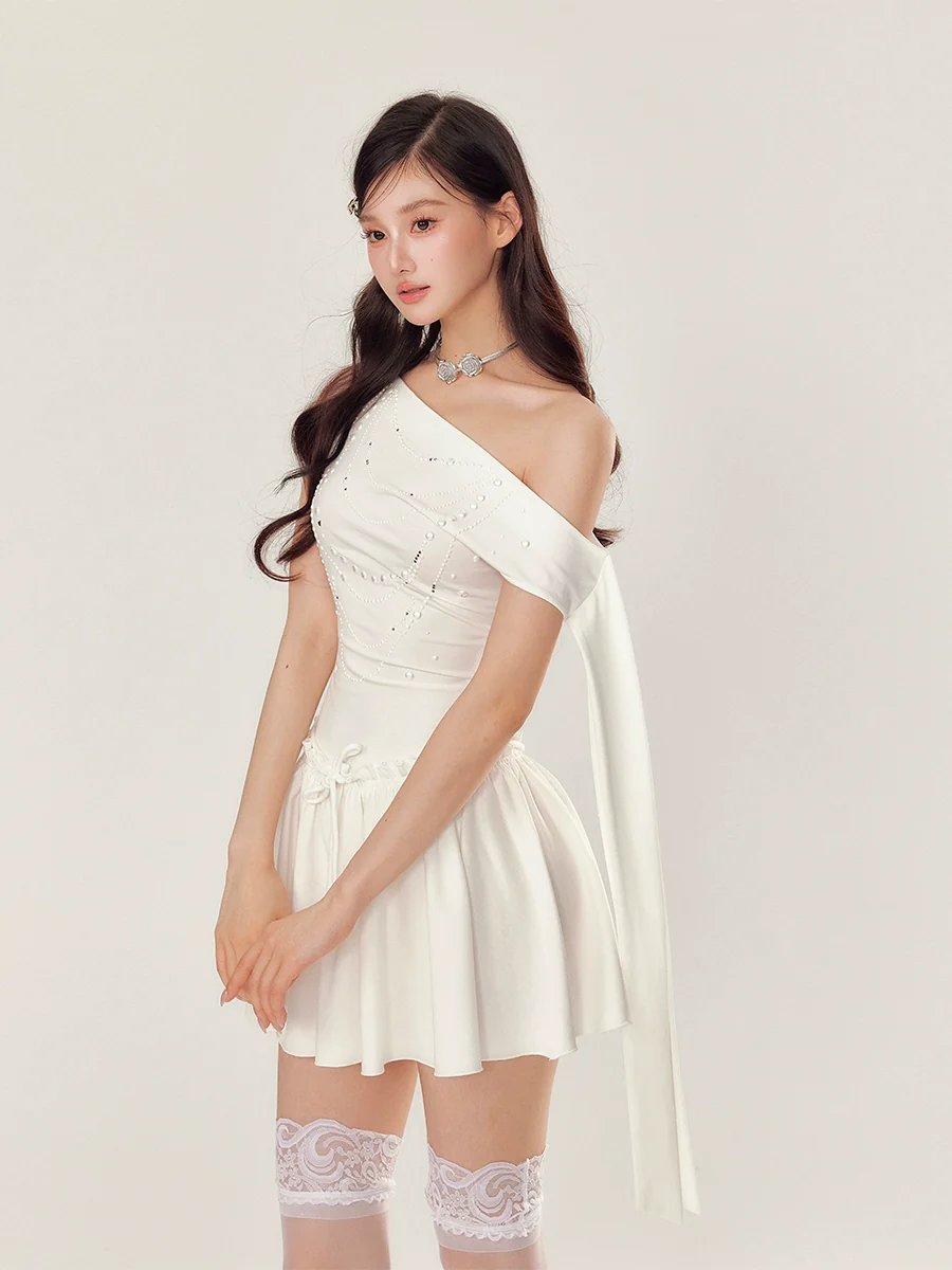 Off-Shoulder Pearl and Rhinestone Puff Dress