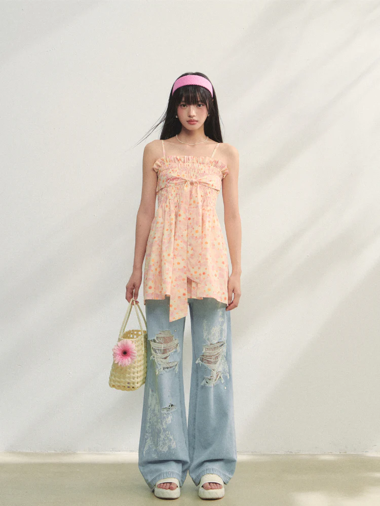 Lace-Trimmed Printed Rhinestone-Embellished Jeans