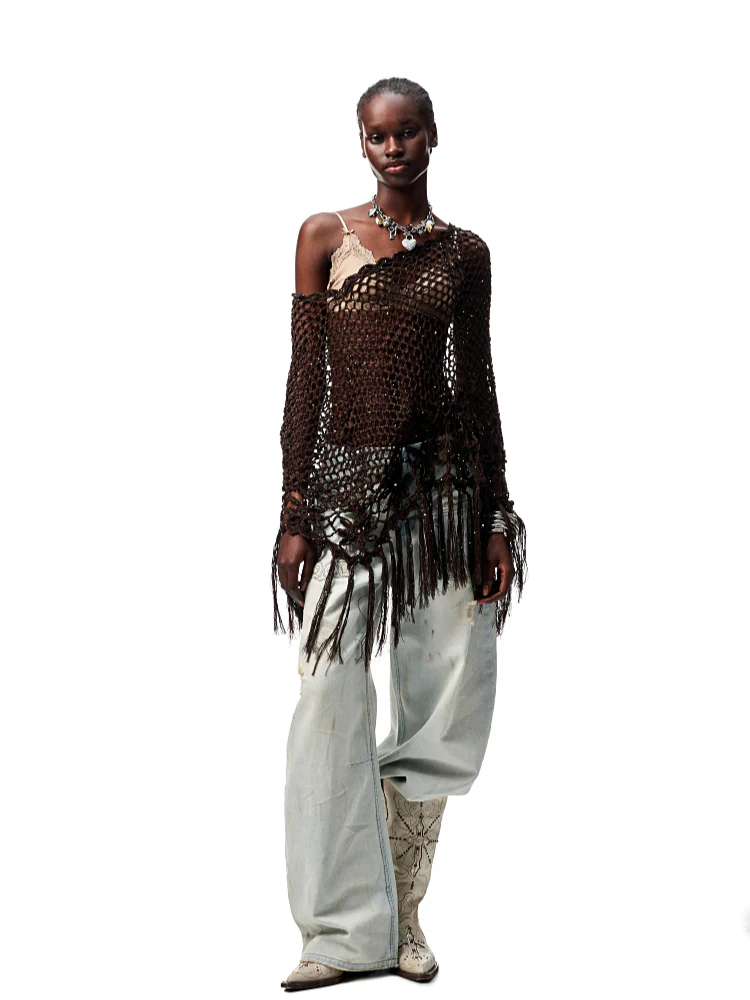 Hollow Out One-Piece Fringed Knit Shrug