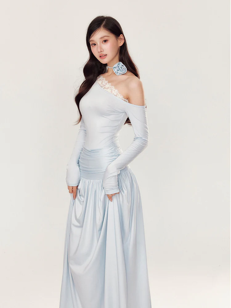 Off-Shoulder Asymmetrical Waist Pleated Dress