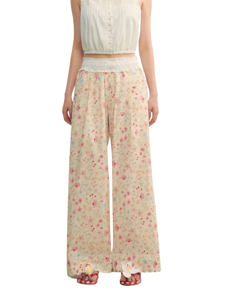 Lace-Trimmed Waist-Tie Wide-Leg Pants