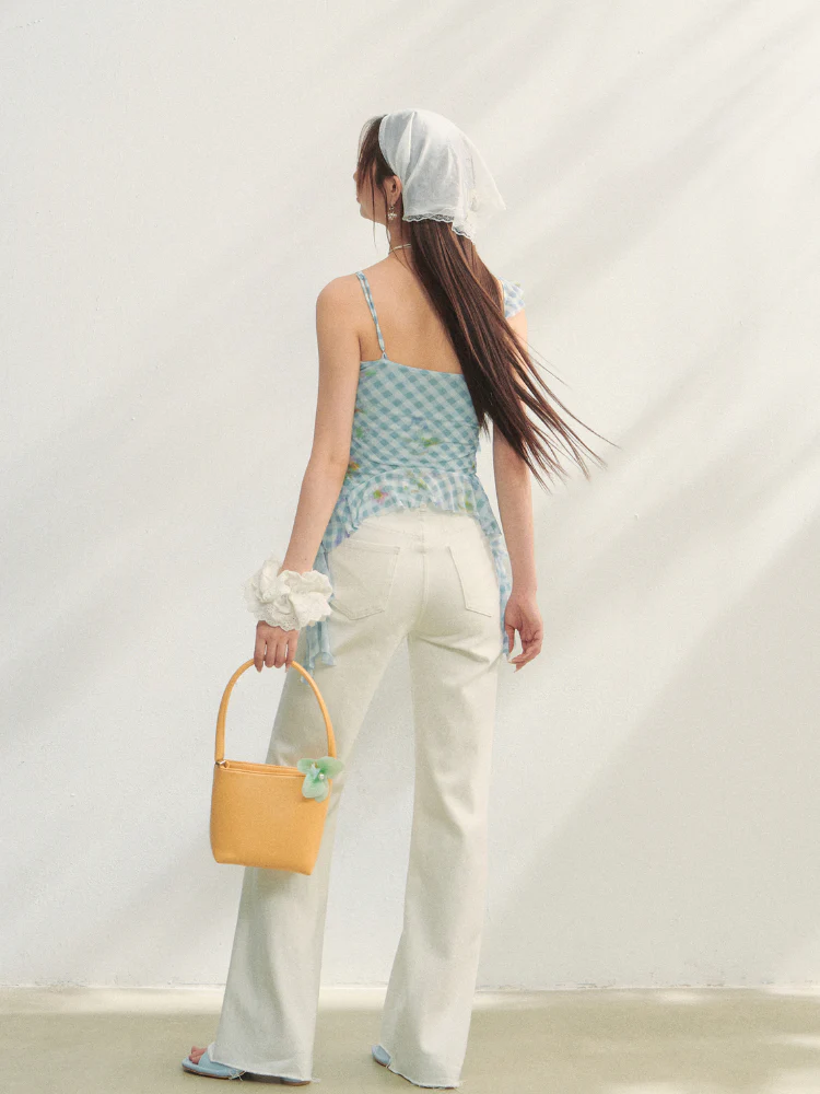 Blue Checkered Ruffled Print Slip Top