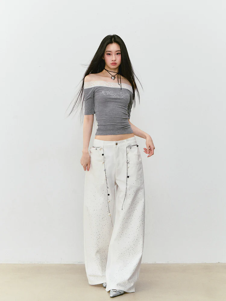 3D Rhinestone Wide - leg Denim Pants