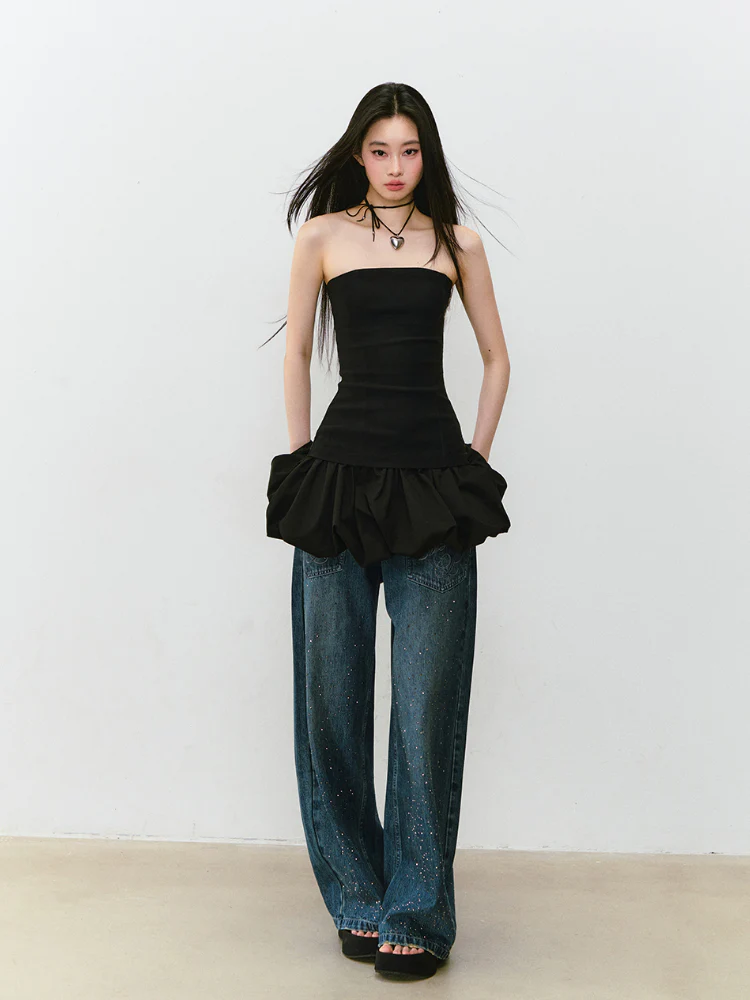 3D Rhinestone Wide - leg Denim Pants