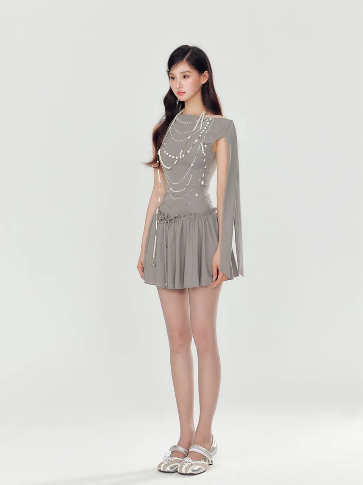 Off-Shoulder Pearl and Rhinestone Puff Dress