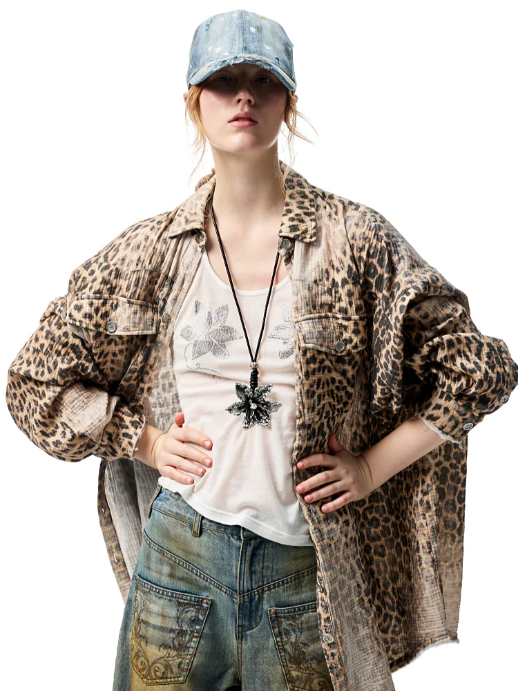Washed Distressed Leopard Print Shirt