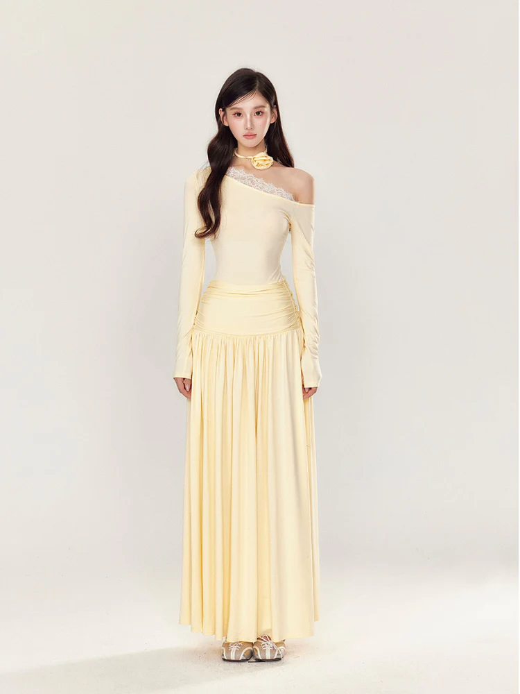 Off-Shoulder Asymmetrical Waist Pleated Dress