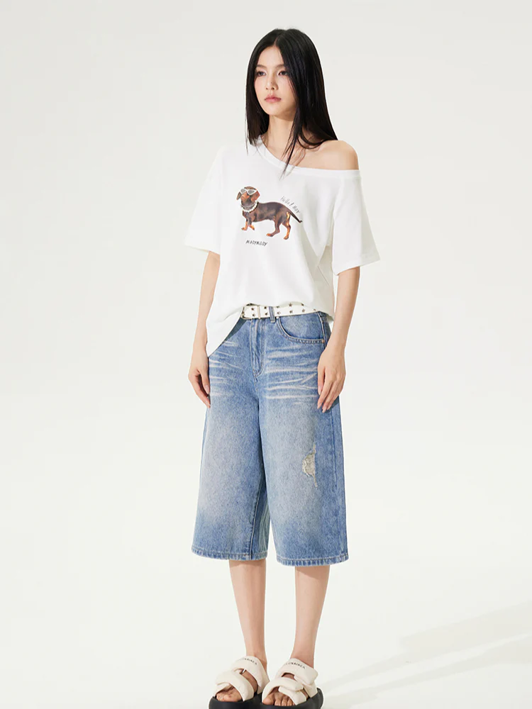 Distressed 7-inch Denim Straight Pants