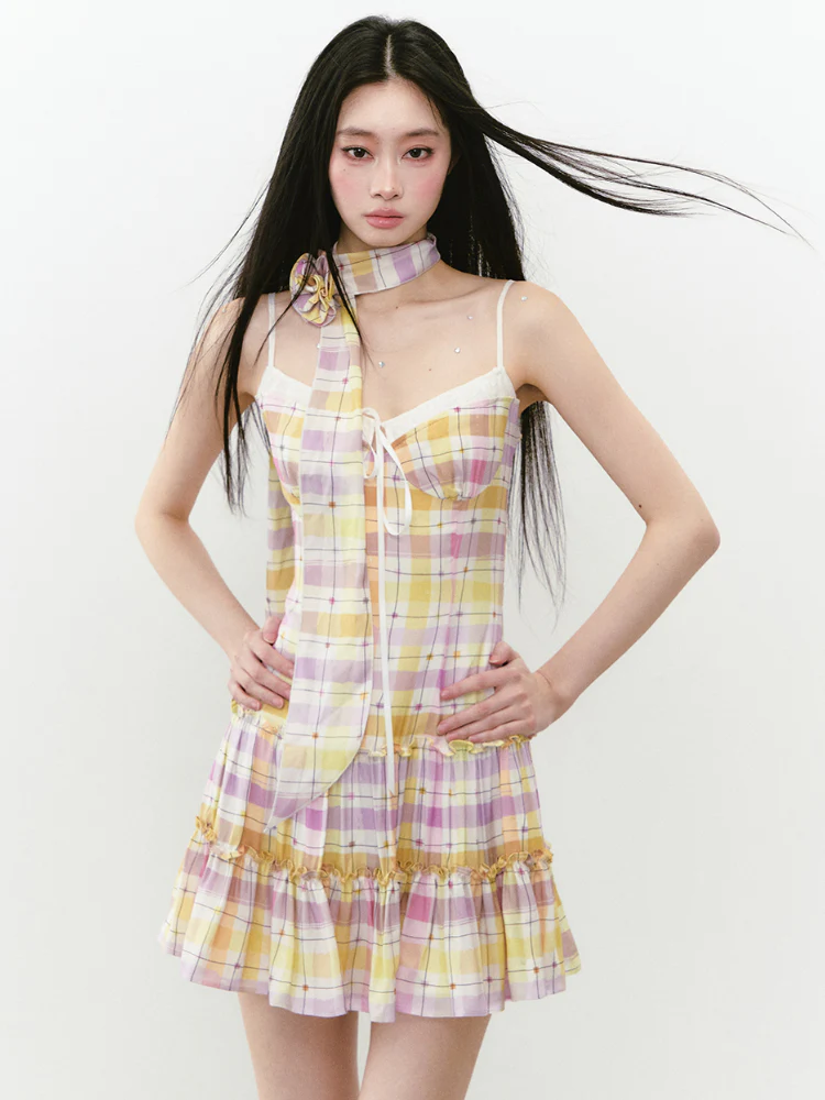 Fake Two-piece Plaid Spliced Cami Dress
