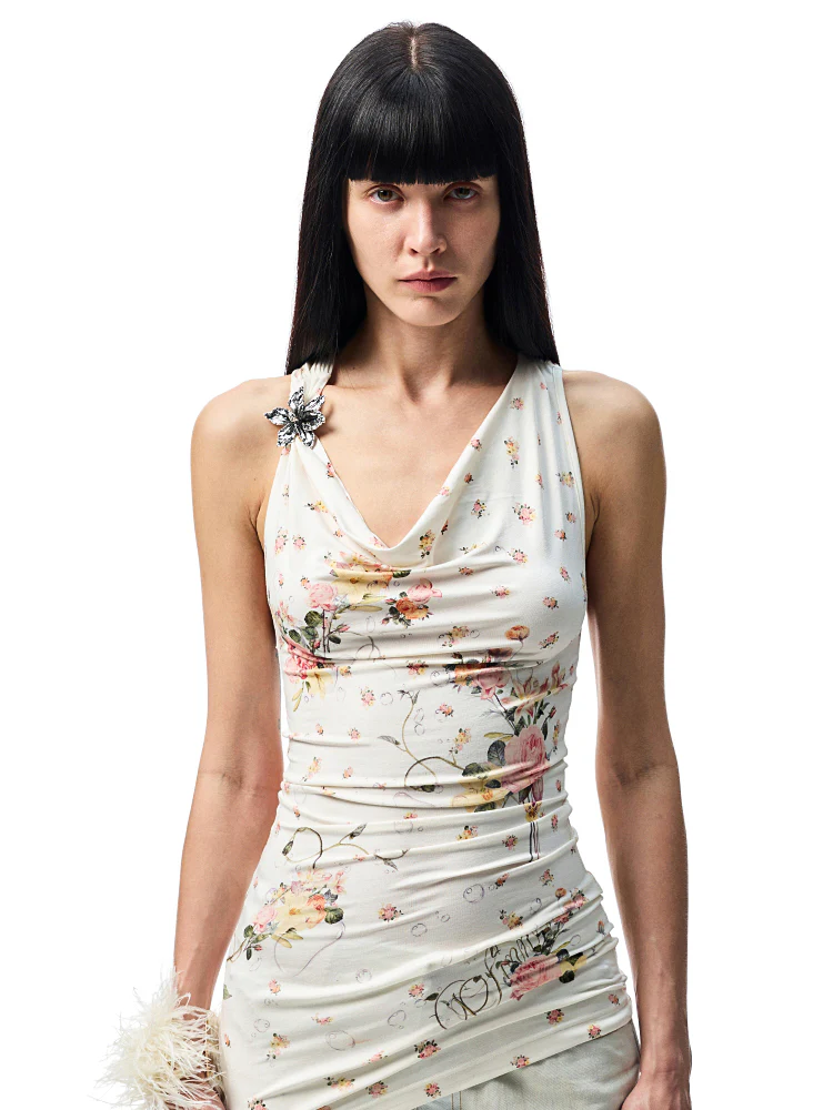 V-Neck Draped Collar Back Knot Tank Top