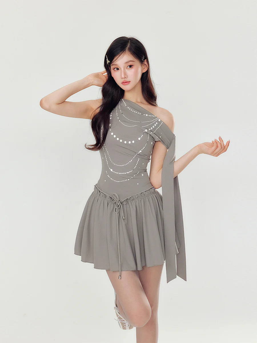 Off-Shoulder Pearl and Rhinestone Puff Dress