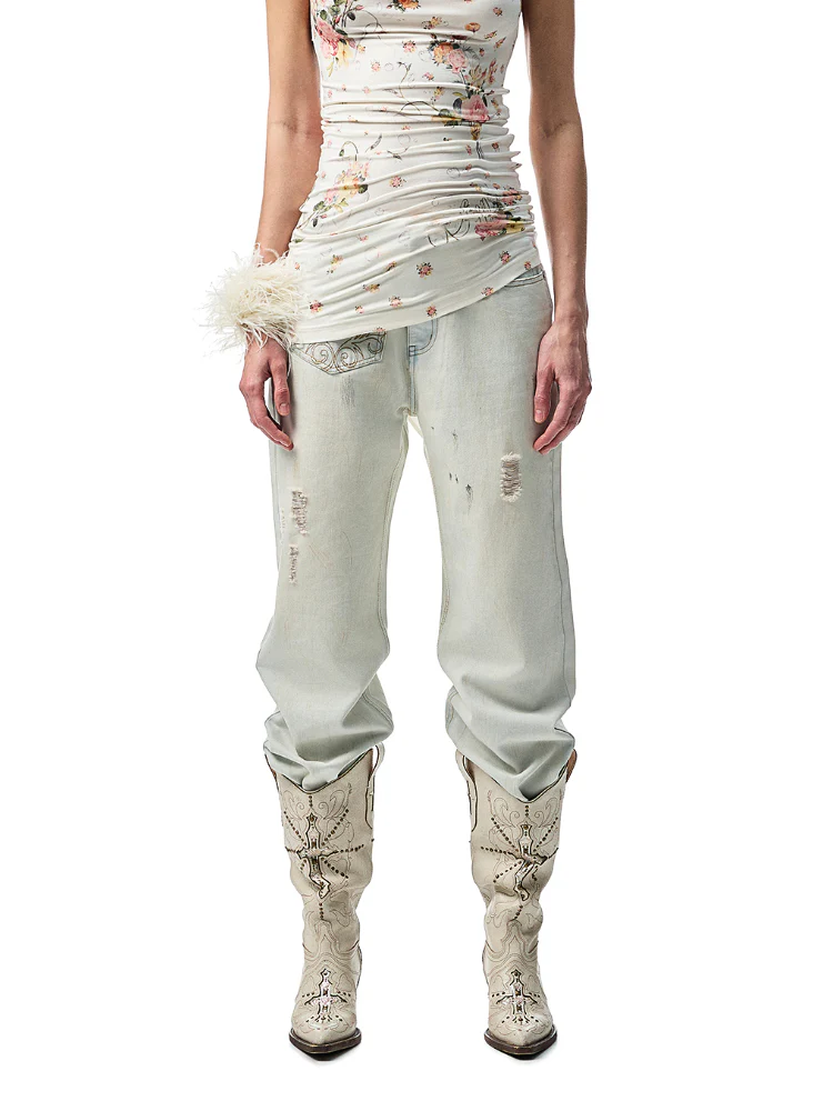 Light Blue Mud - Dyed Floral Embroidered Jeans