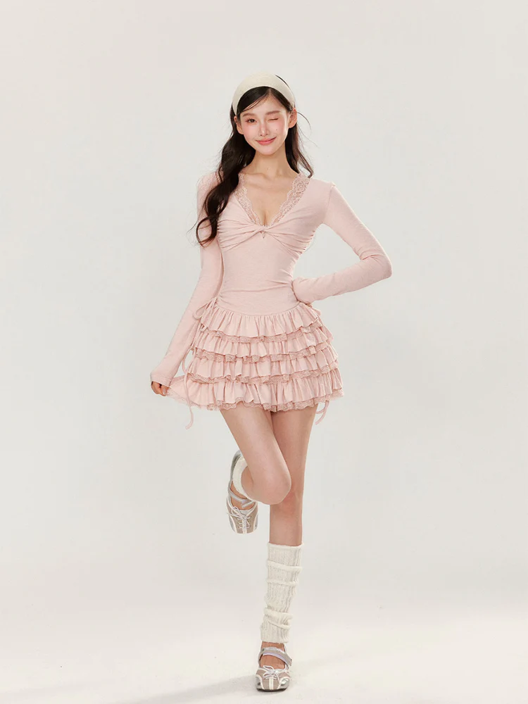 V-neck Long Sleeve Cake Dress