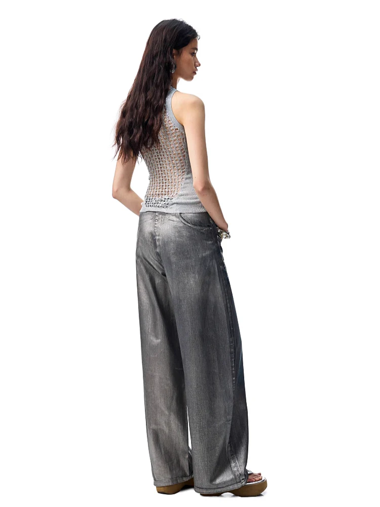 Silver-Foil Embroidered Straight-Leg Denim Curved Pants