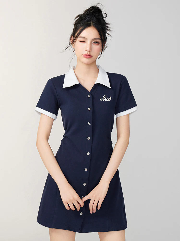 Color-Blocked Button-Up Waist Cinching Polo Dress