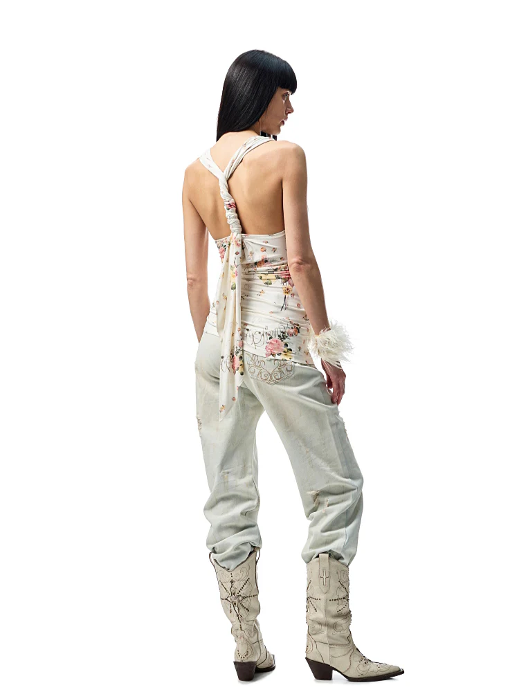 V-Neck Draped Collar Back Knot Tank Top